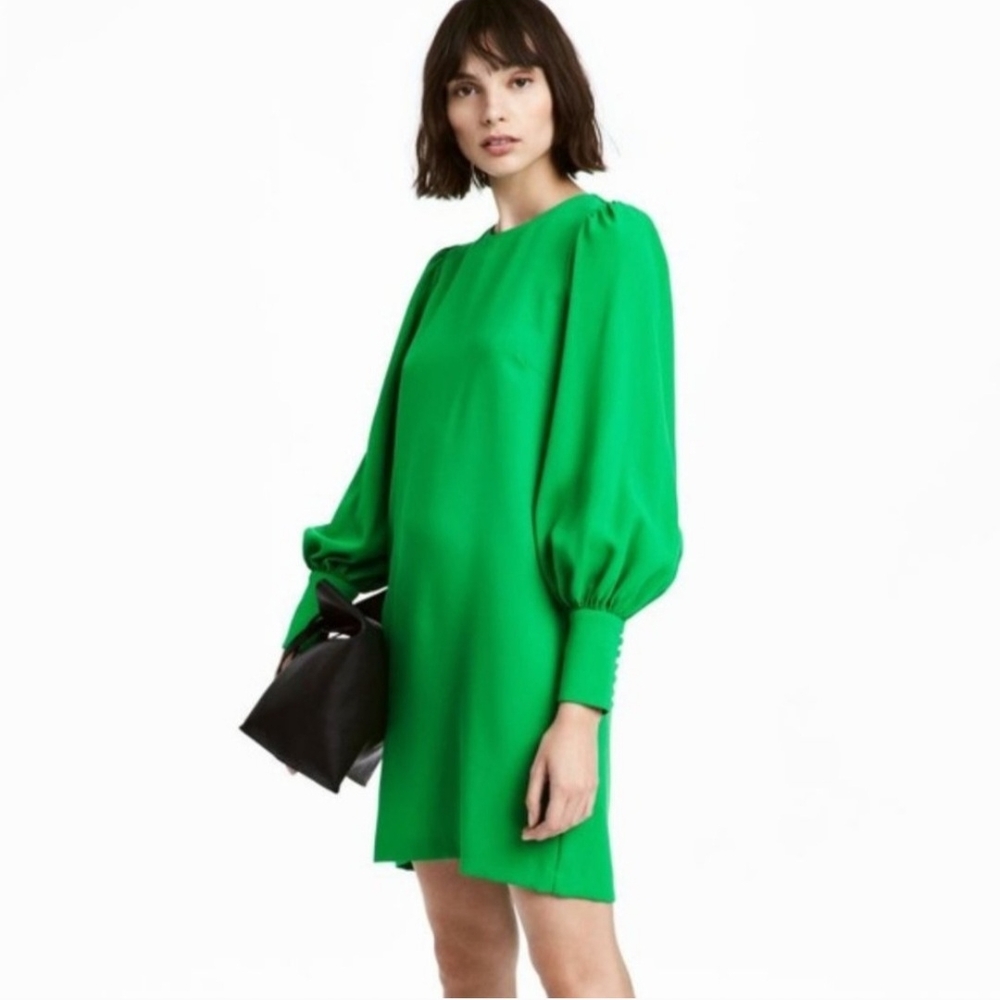 H&M Green Sheath Dress with Bishop Sleeves for Wedding Guest